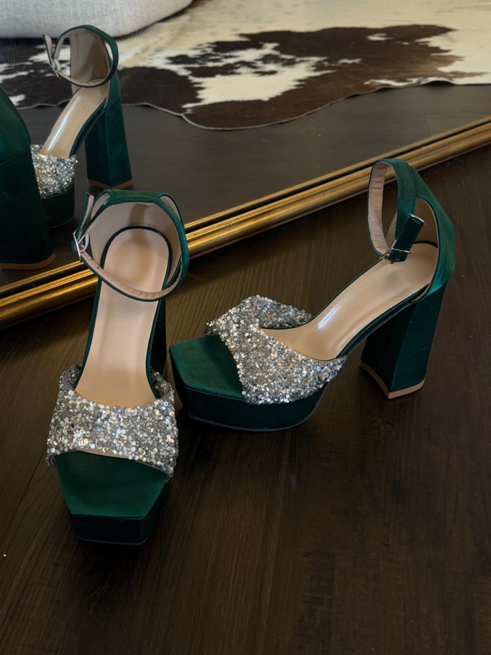 Emerald Green Platform Heels with Silver Sequin Strap